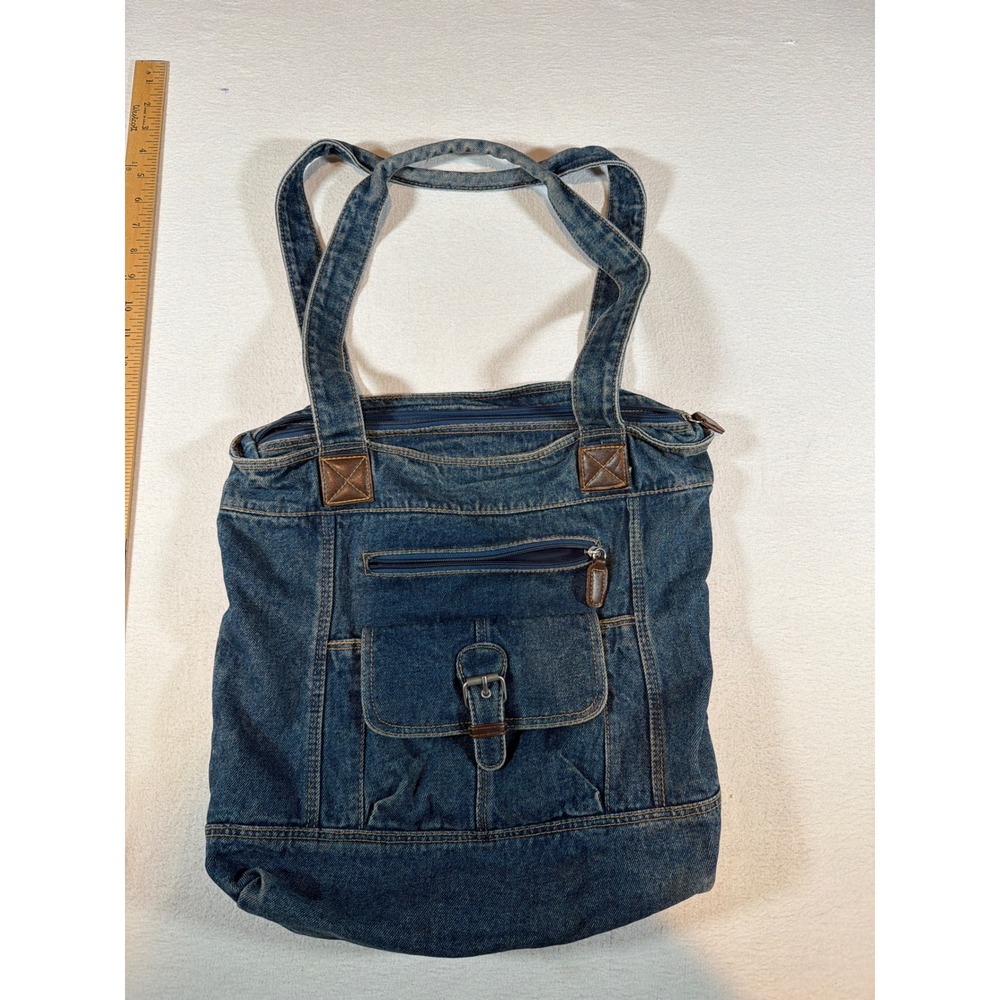 Vintage Style Denim Tote Bag Medium Wash Blue Jean Shoulder Bag Utility Pockets